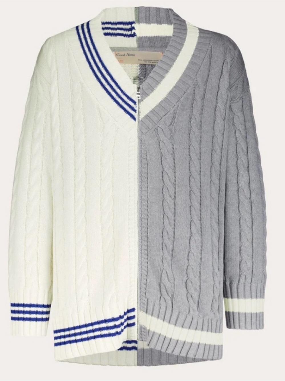 Good Alma Oversized Cotton Cable Knit Cardigan Tennis Sweater V-Neck, Size S